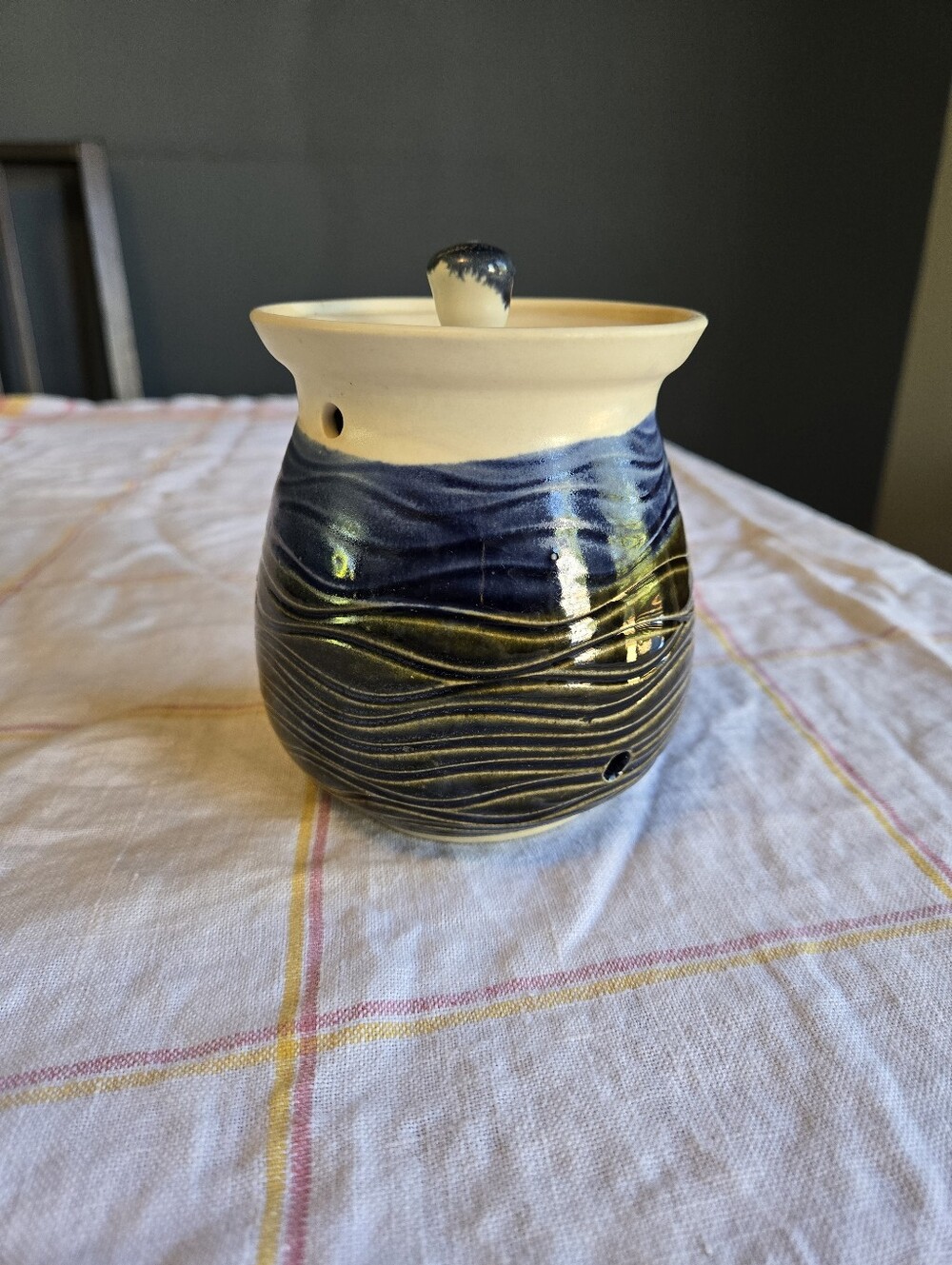 Handmade Pottery Garlic Keeper Cream Blue And Green Lidded Jar